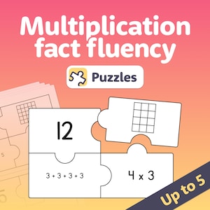 Puede incluir: Un rompecabezas blanco con una cuadrícula, el número 12, la ecuación 3+3+3+3 y la ecuación 4 x 3. El rompecabezas está sobre un fondo rosa y naranja con el texto "Multiplication fact fluency" y "Puzzles" en negro. El texto "Hasta 5" está en negro sobre un fondo amarillo.