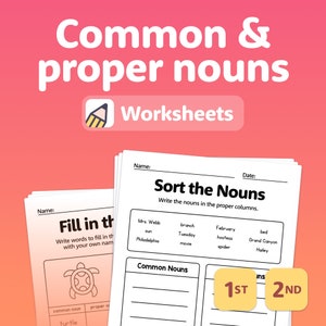 Allgemeine und Eigennamen Arbeitsblätter | Grammatikaktivitäten für die 1. und 2.Klasse, No Prep English Worksheets und Alphabetic Centers (druckbare PDF-Datei)
