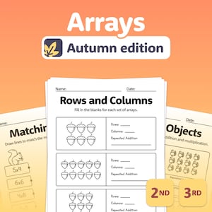 Könnte beinhalten: Ein druckbares Arbeitsblatt mit dem Titel "Zeilen und Spalten" und einer Reihe von Eichel-Illustrationen. Das Arbeitsblatt soll Schülern helfen, Arrays zu lernen, indem sie die Lücken für Zeilen, Spalten und wiederholte Addition ausfüllen.