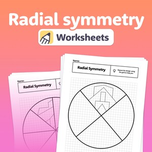 May include: White worksheets with the text "Radial Symmetry" and a grid for drawing geometric designs. The image also includes the text "Worksheets" and instructions to repeat the design using the grid.