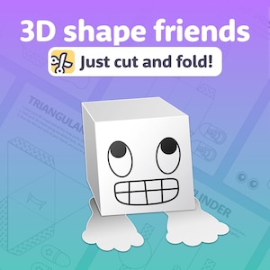 Könnte beinhalten: Ein weißer 3D-Würfel mit einem lächelnden Gesicht und Beinen. Der Würfel besteht aus Papier und kann ausgeschnitten und gefaltet werden, um eine 3D-Form zu erstellen. Das Bild enthält Anweisungen zum Erstellen des Würfels.