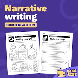 Puede incluir: Dos hojas de trabajo blancas para la escritura narrativa de jardín de infancia. La parte superior de la imagen tiene las palabras "Narrative writing KINDERGARTEN" en amarillo y blanco. Una hoja de trabajo tiene indicaciones de escritura con ilustraciones. La otra hoja de trabajo tiene secciones para el principio, el medio y el final.