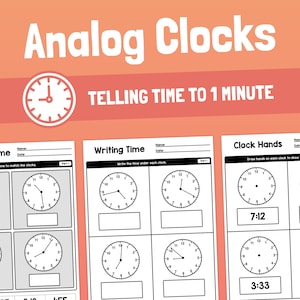 Telling Time to 1 Minute Worksheets | 2nd, 3rd, 4th Grade Reading Analog Clocks Worksheets, Common Core Clocks (Printable PDF)