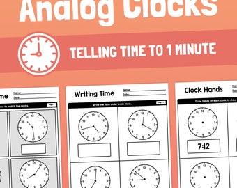Telling Time to 1 Minute Worksheets | 2nd, 3rd, 4th Grade Reading Analog Clocks Worksheets, Common Core Clocks (Printable PDF)