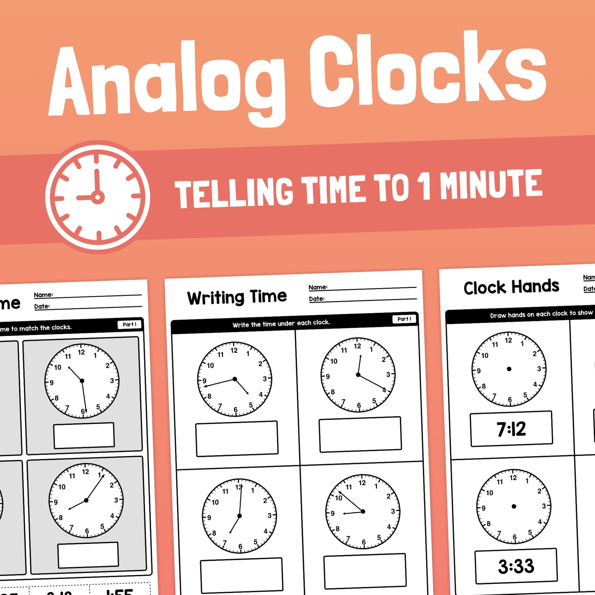 Telling Time to 1 Minute Worksheets 2nd, 3rd, 4th Grade Reading Analog