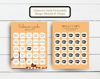 May include: Two printable bingo cards with the title "Gilmore Girls Bingo" and a set of 25 bingo chips with the word "Luke's" on them. The bingo cards feature various quotes and events from the TV show Gilmore Girls.