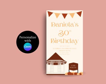 May include: A white invitation with orange and brown text for Daniela's 30th birthday party. The invitation features a brown and white illustration of a gazebo with a sign that says "Stars Hollow". There are orange and brown pumpkins in front of the gazebo.