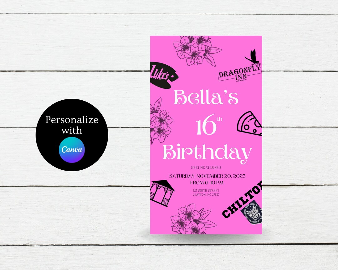 Gilmore Girls Theme Digital Invitation Evite Pink & Black, Birthday