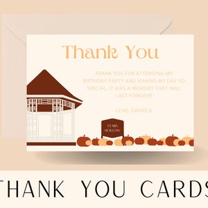 May include: Thank you card with a brown and white gazebo and a sign that says "Stars Hollow". There are orange and brown pumpkins in the bottom of the card.