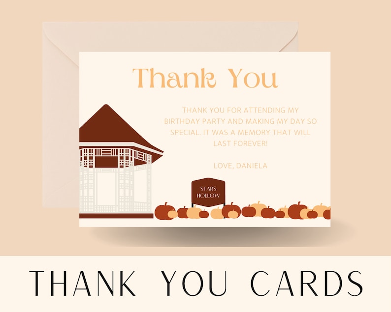 May include: Thank you card with a brown and white gazebo and a sign that says "Stars Hollow". There are orange and brown pumpkins in the bottom of the card.