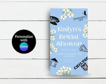 May include: A blue and white bridal shower invitation with a floral design. The invitation says "Kailyn's Bridal Shower" and includes details about the event, including the date, time, and location. The invitation also features a variety of graphics, including a dragonfly, a pizza slice, and a building.