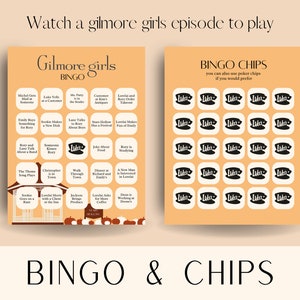 May include: A printable bingo card with a Gilmore Girls theme. The card features 25 squares with different events from the show, such as "Lane talks about boys" and "Rory is studying". The card also includes a free space in the center that says "Luke's".