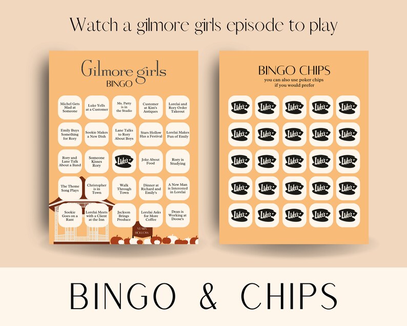 May include: A printable bingo card with a Gilmore Girls theme. The card features 25 squares with different events from the show, such as "Lane talks about boys" and "Rory is studying". The card also includes a free space in the center that says "Luke's".