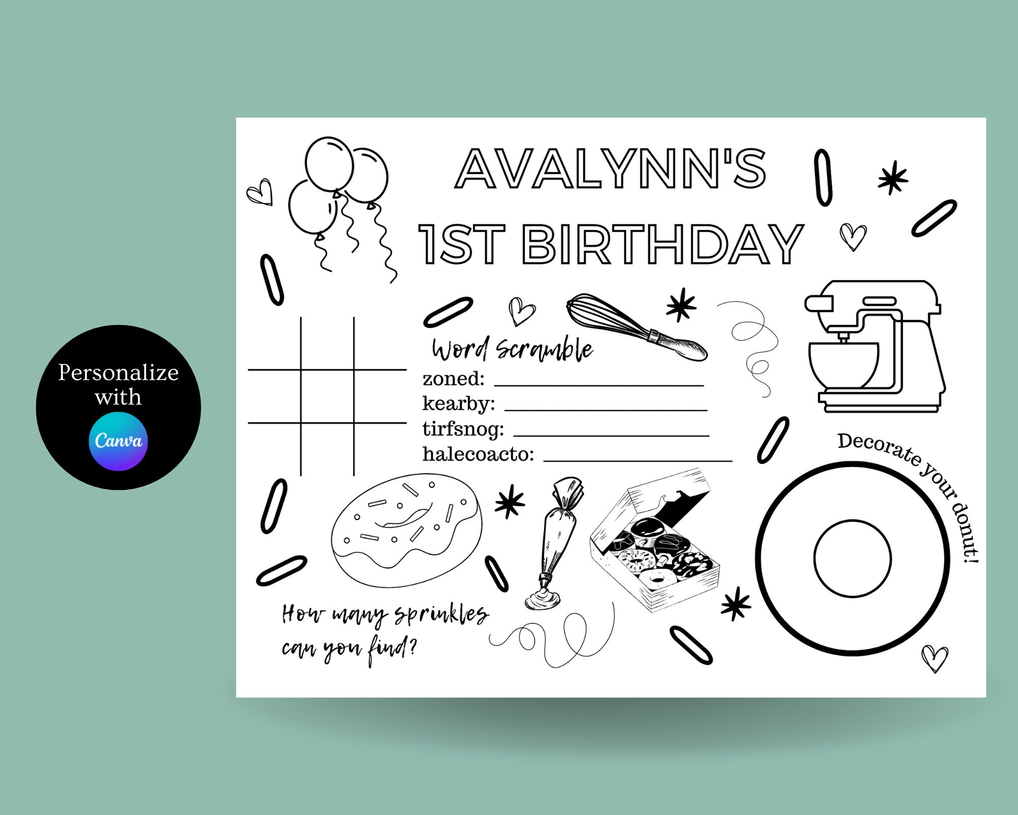 Donut Birthday Coloring Sheet Printable Customizable Etsy