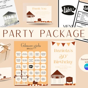 May include: A party package with a Gilmore Girls theme. The package includes a bingo card, a thank you card, a menu, a birthday invitation, and a gift tag. The design features a brown gazebo with pumpkins and fall leaves.