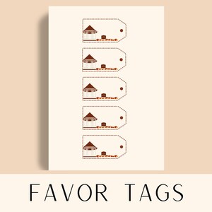 May include: Five printable favor tags with a brown and white illustration of a small house with a brown roof and a brown door. The house is surrounded by brown and orange pumpkins. The tags are white with a brown dotted border.