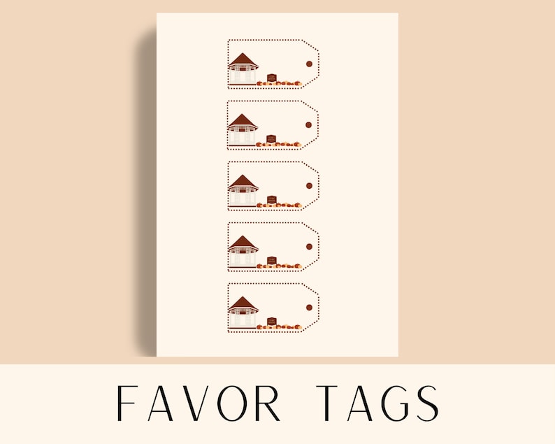 May include: Five printable favor tags with a brown and white illustration of a small house with a brown roof and a brown door. The house is surrounded by brown and orange pumpkins. The tags are white with a brown dotted border.