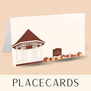 May include: Place card featuring a brown gazebo with a white lattice design and a sign that reads "Starr's Hollow". The card is decorated with orange pumpkins.