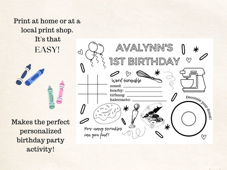 Donut Birthday Coloring Sheet, Printable, Customizable, Birthday