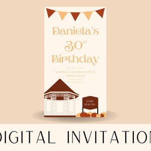 May include: A digital invitation for a 30th birthday party. The invitation features a brown and white gazebo with a sign that says "Stars Hollow". There are orange pumpkins in front of the gazebo. The text on the invitation reads "Daniela's 30th Birthday" and "Meet me at Alikes Saturday October 15, 2022 from 6 to 10 PM 100 Smith Street Clayton, NC 27520".