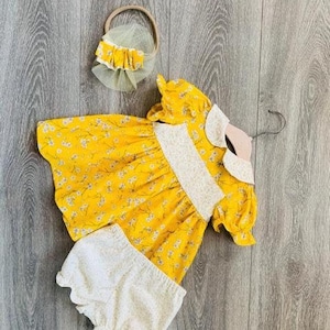 Baby Girl Dress,Special Occasion Dress,3 Piece Set,Yellow Fall Autumn Dress,Fully Lined Dress,Shorts,Matching Headband.Handmade Dress.