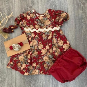 Baby Girl Dress, 3 pieces set,Cotton Fabric Dress ,Burgundy Floral Dress,Vintage Baby Dress,Baby Fall Dress, Fall Baby Outfit,Handmade
