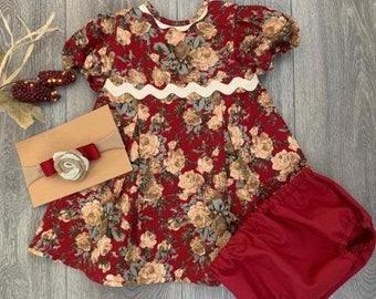 Baby Girl Dress, 3 pieces set,Cotton Fabric Dress ,Burgundy Floral Dress,Vintage Baby Dress,Baby Fall Dress, Fall Baby Outfit,Handmade
