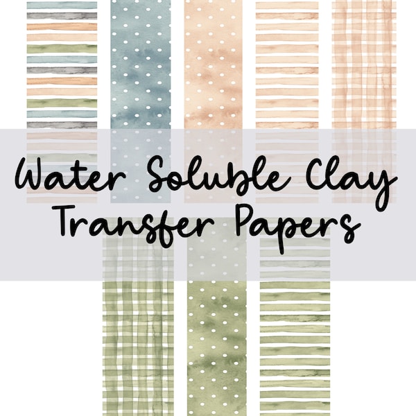 Neutral Earth Tones brush strokes 1-8 clay transfer paper | water soluble polymer clay transfer sheet | gingham polka dots watercolors