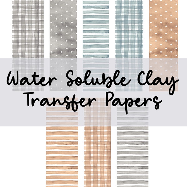 Neutral Earth Tones brush strokes 9-16 clay transfer paper | water soluble polymer clay transfer sheet | gingham polka dots watercolors