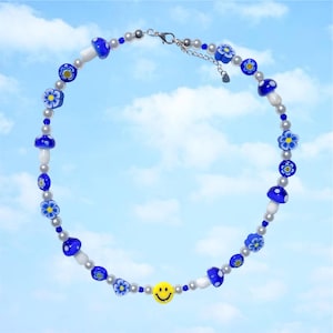 Mushroom Smiles Beaded Necklace | Pearl Necklace | Flower, Millefiori | Y2K 90s Trendy | Mismatched Colorful Necklace | Unisex Jewelry