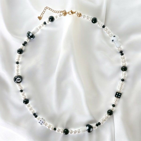 Good Fortune Necklace | Mushroom, Dice, Magic 8 Ball Necklace | Black and White Necklace | Y2K Necklace | Pearl Necklace | Unisex Necklace