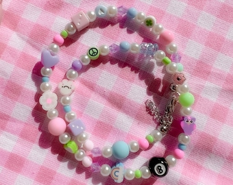 Pastel Dreams Beaded Necklace | Pearl Necklace | Magic 8 Ball, Flowers, Hearts Y2K Kawaii