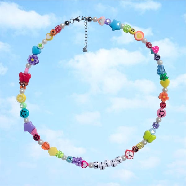 Personalized Rainbow Beaded Necklace: Custom Name, Pearl Accent