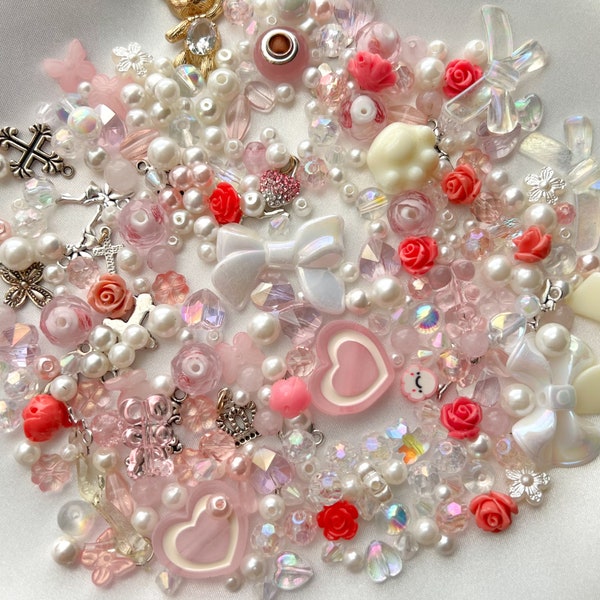 Bead Soup | Coquette Pink Iridescent White Bead Scoop | DIY Jewelry Making Kit | Summer Bead Mix | Bead Confetti | Charms, Crystals, Pearls