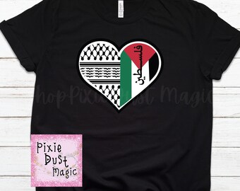 Present a Symbol of Heritage: Palestinian Kuffiyah Heart Shirt, Celebrate Palestinian Pride, Palestine in Arabic.