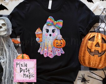 Trendy Glam Ghost Halloween Shirt with Faux Diamonds - Cute and Spooky Ghost Tee