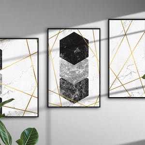 Set of 3 Black Onyx and White Marble Gold Geometric Art Prints, Printable Digital Poster Bundle, Scandi Granite Minimal DIY Wall Art Decor
