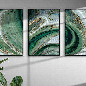 Set of 3 Emerald Marble Gold Swirl Digital Art Prints, Emerald Green Wall Art Print, Modern Printable Poster Bundle, Minimal Marble Decor