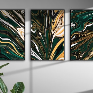 Set of 3 Utopia Green & Cream Acrylic Paint Swirl Prints, Digital Art Bundle, Luxury Printable Poster, Instant Download, Contemporary Decor
