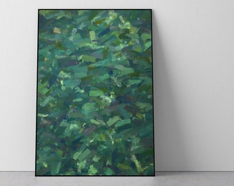 May include: Abstract painting with a green and blue color scheme. The painting is made up of many small, overlapping brushstrokes.