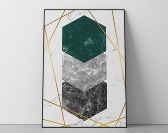 May include: Abstract geometric print with three stacked hexagonal shapes. The top shape is green, the middle shape is gray, and the bottom shape is black. The shapes are outlined in gold and set against a white marble background.