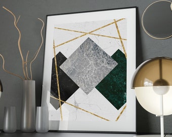 May include: Two modern table lamps with brown glass shades and white bases. The lamps are on a black surface with a framed print of a geometric design in black, white, and green. The print has gold lines.