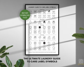 Laundry Instructions Guide Print, Laundry Room Wall Art Decor, Clothing Label Care Symbols Explained, Wash Dry Fold Repeat Poster Printable