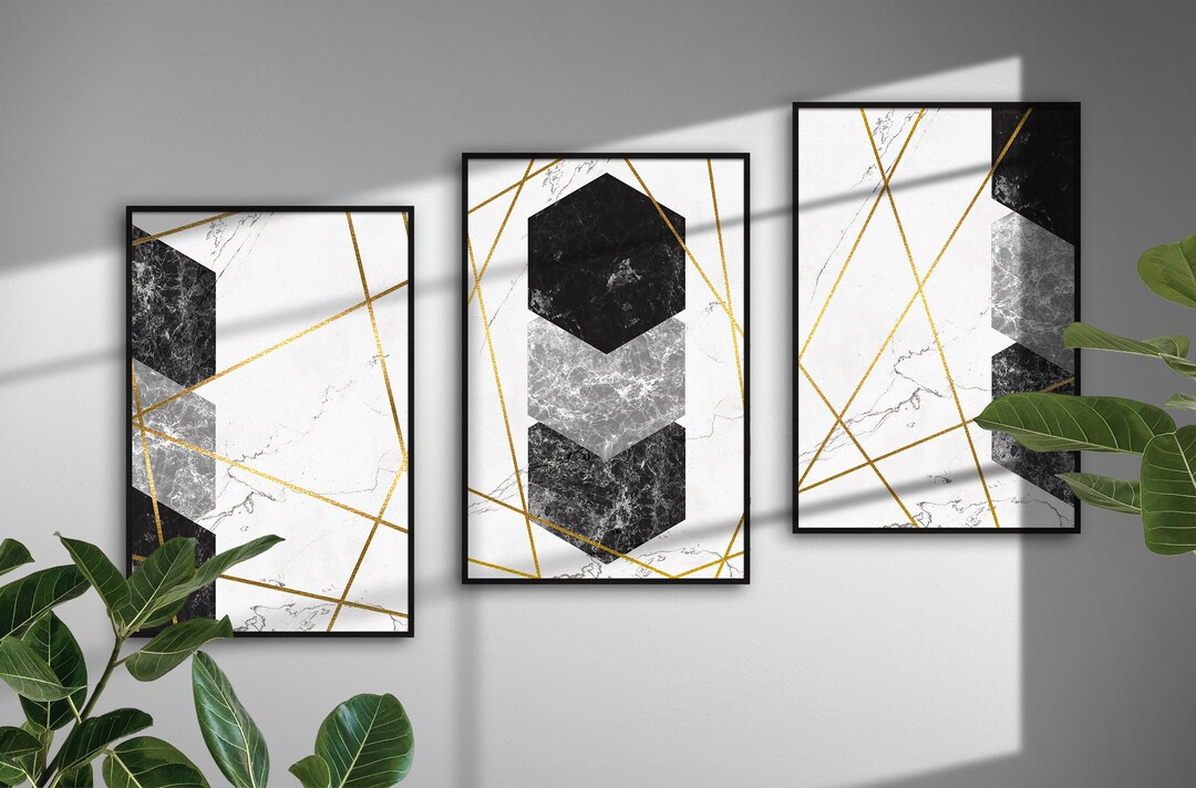 Set of 3 Black Onyx and White Marble Gold Geometric Art Prints ...