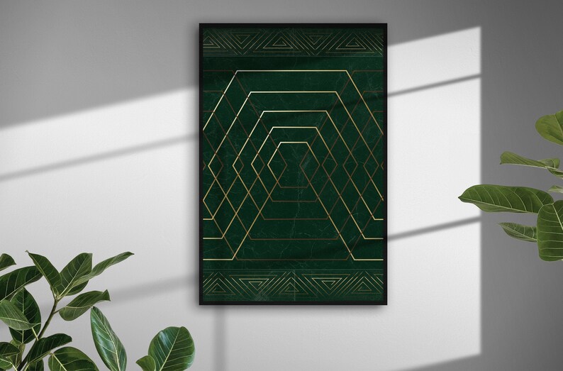 May include: A framed geometric print with a green background and gold lines. The design features a series of overlapping hexagons and diamonds.