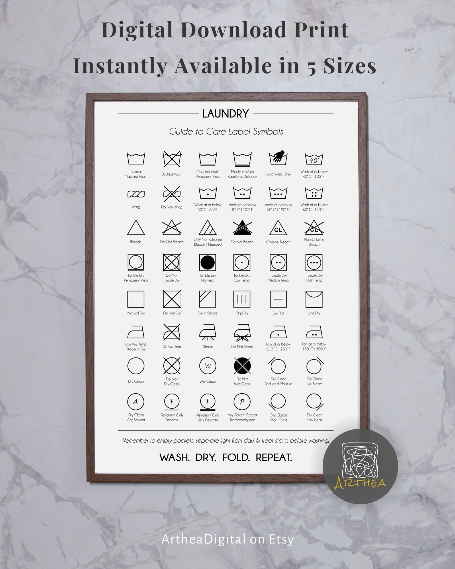 Laundry Guide to Care Label Symbols Print Laundry Room Wall Etsy