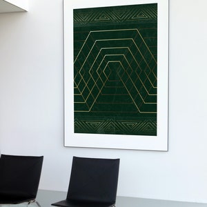 May include: A framed print with a geometric design featuring gold lines on a dark green background.