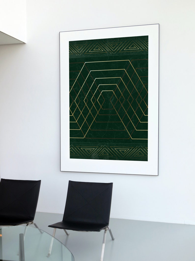 May include: A framed print with a geometric design featuring gold lines on a dark green background.