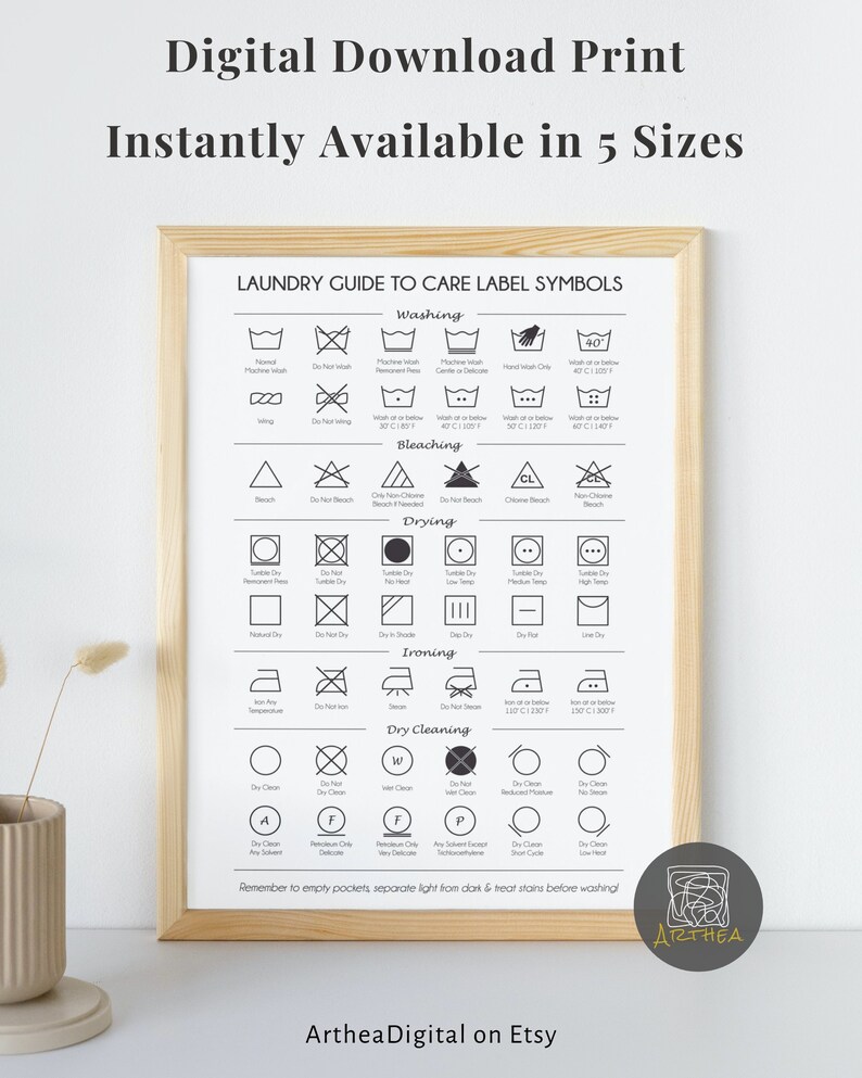 Laundry Instructions Guide Print, Laundry Room Wall Art Decor, Clothing Label Care Symbols