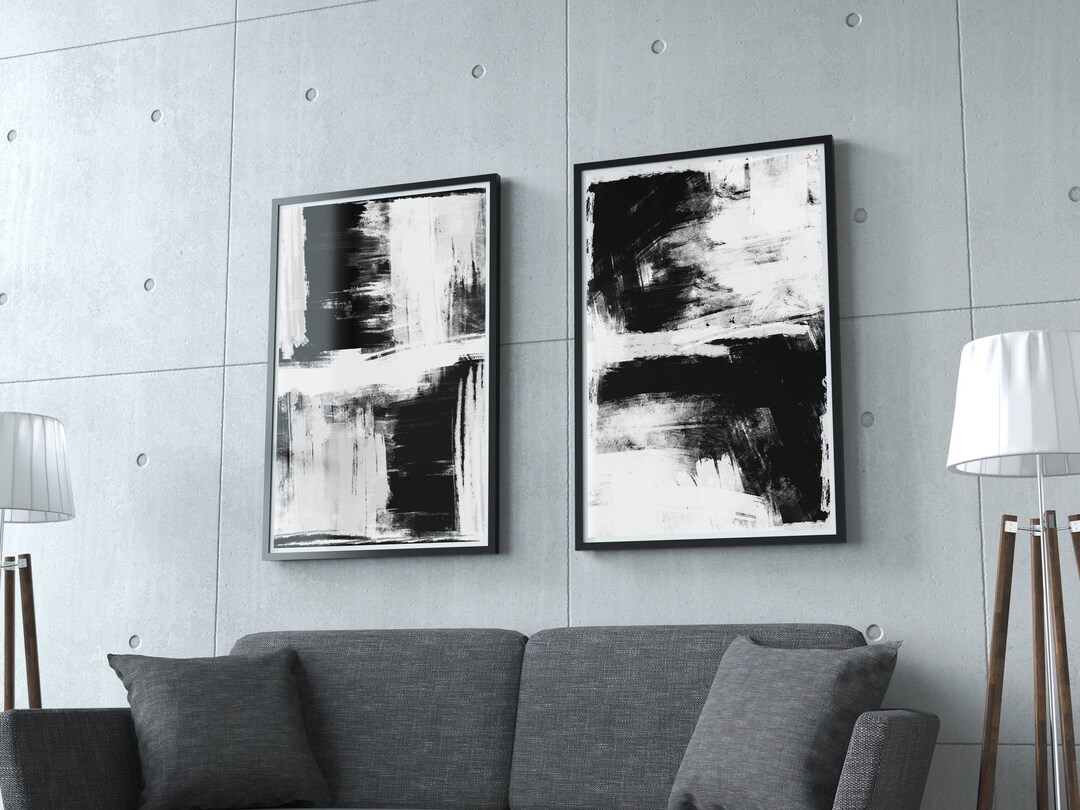 Set of 2 Black and White Paint Brush Strokes Prints, Modern Abstract ...